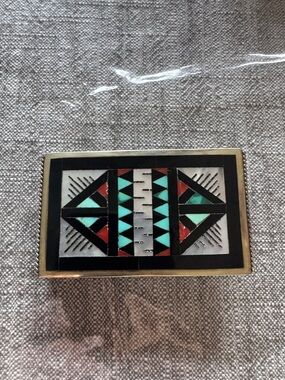 Geometric Inlay Rectangular Belt Buckle in Turquoise, Red & Black